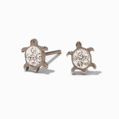 Silver-tone Titanium Crystal Turtle Stud Earrings