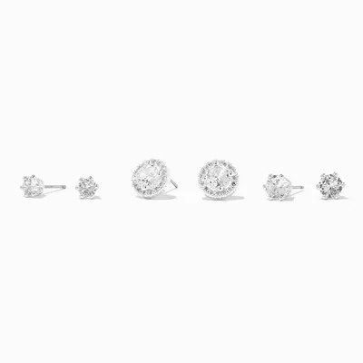 Silver Halo Cubic Zirconia Studs Earrings - 3 Pack