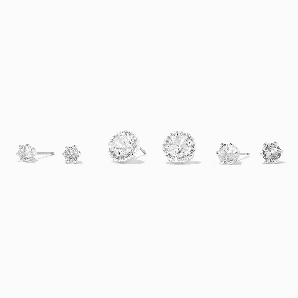 Silver-tone Cubic Zirconia Halo Studs Earrings - 3 Pack