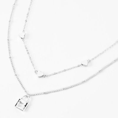Silver Padlock & Heart Multi Strand Necklace