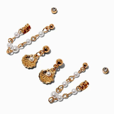 Gold-tone Pearl Connector Earring Set - 3 Pack