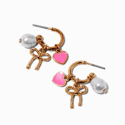 Pink Heart, Bow & Pearl Charm Gold-tone Hoop Earrings