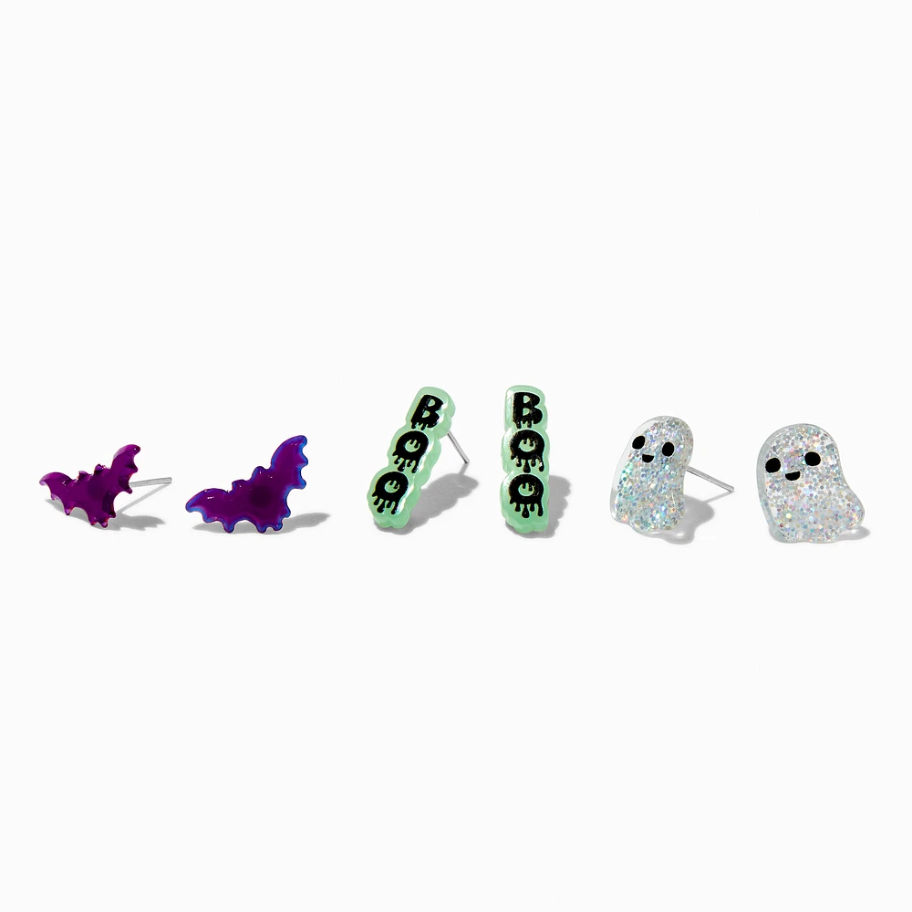 Ghost, Bat & Boo Glow in the Dark Stud Earrings - 3 Pack