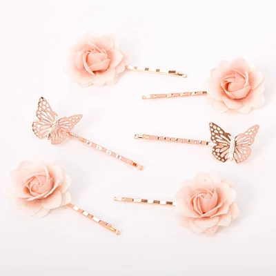 Rose Gold Butterfly Flower Hair Pins - Pink, 6 Pack