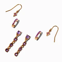 Gold-tone Purple Crystal Earring Stackables Set - 3 Pack