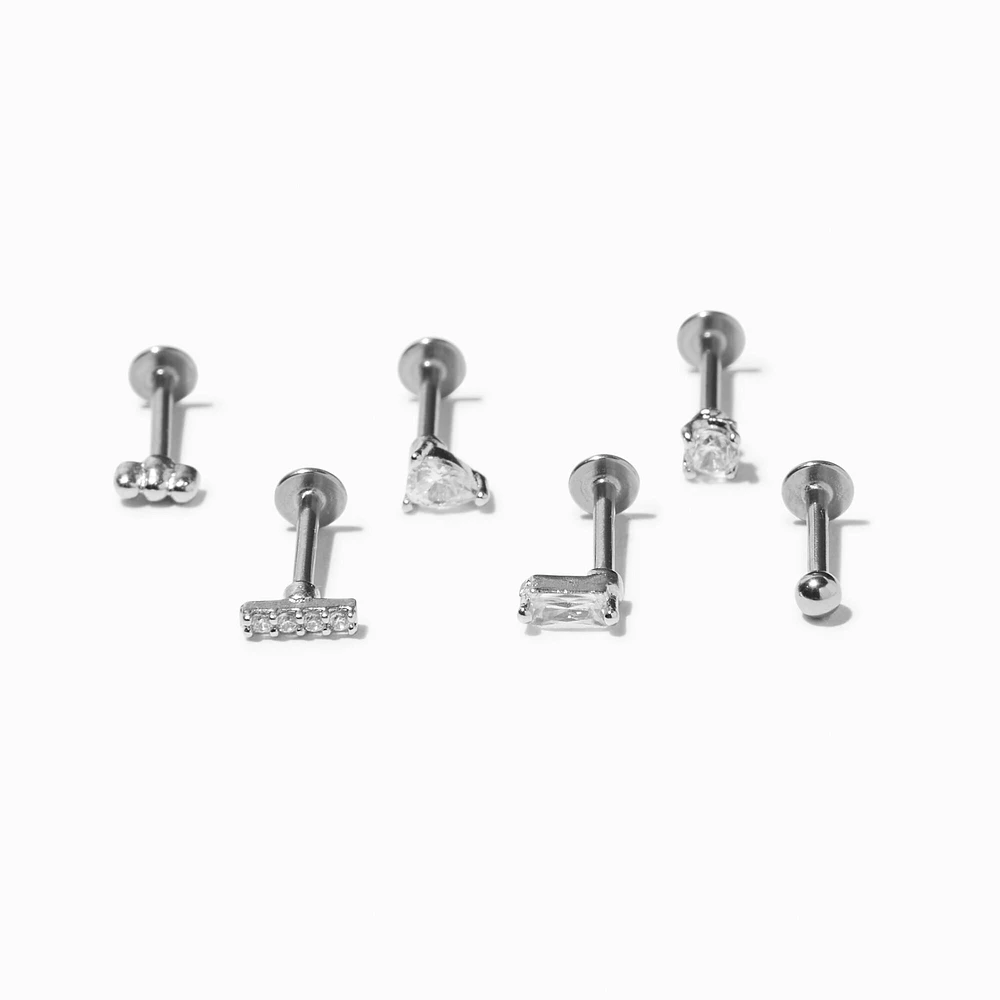 Silver-tone Stainless Steel Cubic Zirconia Geometric 16G Cartilage Earrings - 3 Pack