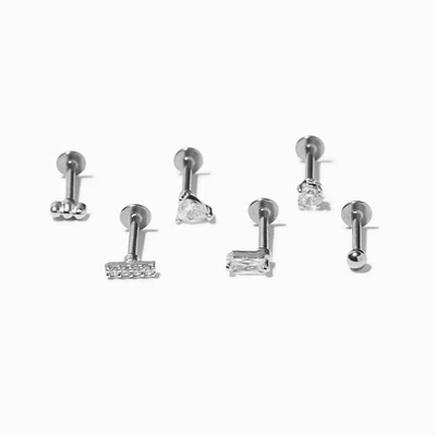 Silver-tone Stainless Steel Cubic Zirconia Geometric 16G Cartilage Earrings - 3 Pack