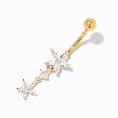 Gold 14G Cubic Zirconia Flower Dangle Belly Ring