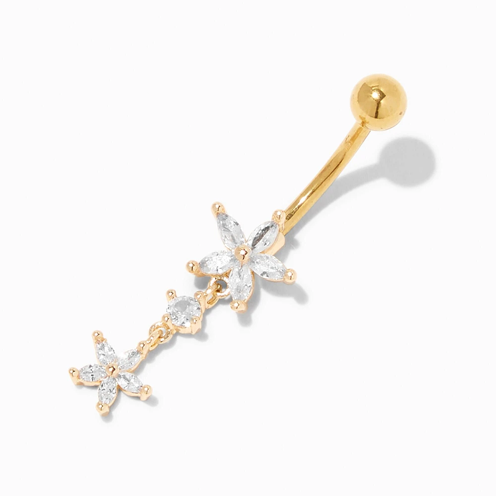 Gold-tone Stainless Steel Cubic Zirconia Flower Dangle 14G Belly Bar