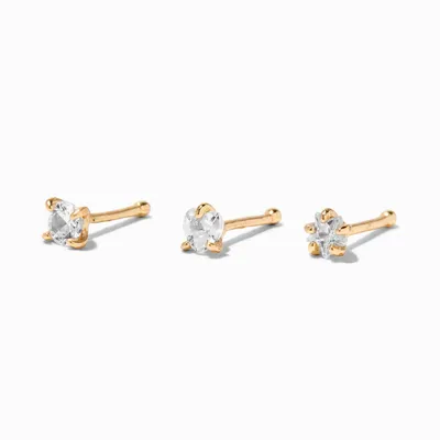 Gold 20G Heart, Star, & Circle Crystal Nose Studs - 3 Pack