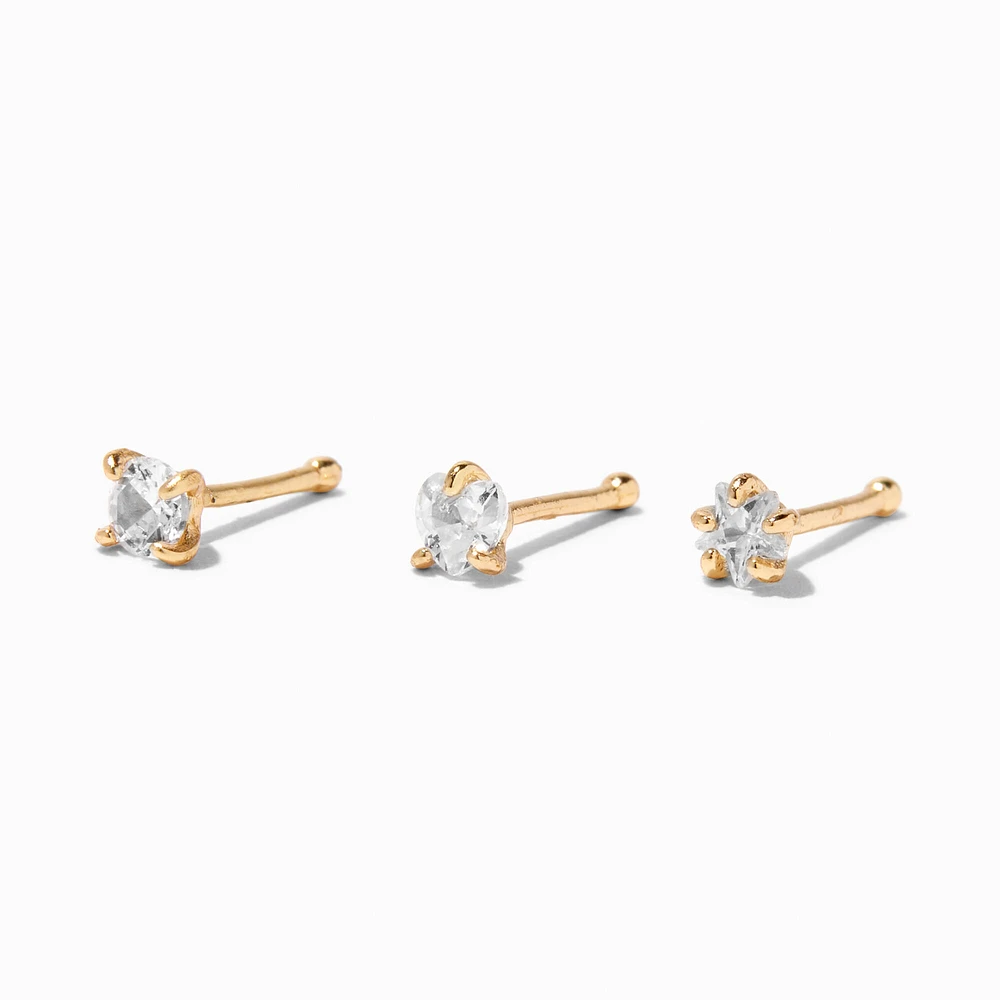 20G Gold-tone Stainless Steel Heart, Star, & Circle Crystal Nose Studs - 3 Pack