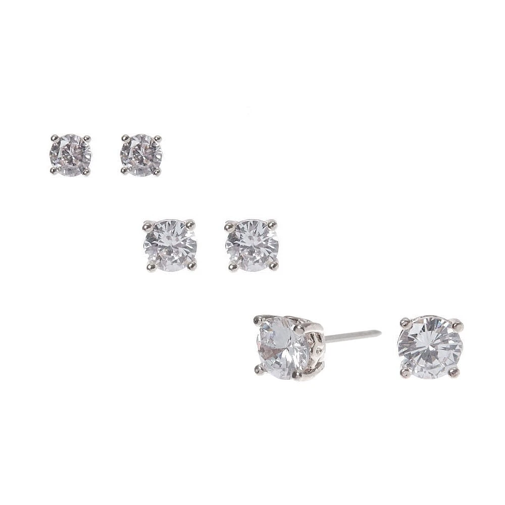 Silver-tone Cubic Zirconia 4MM, 5MM, 6MM Round Stud Earrings