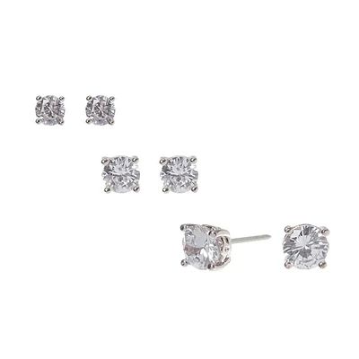 Silver-tone Cubic Zirconia 4mm, 5mm, & 6mm Round Stud Earrings