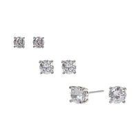 Silver-tone Cubic Zirconia 4MM, 5MM, 6MM Round Stud Earrings - 3 Pack
