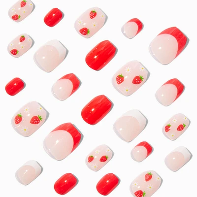 Strawberry French Tip Coffin Press On Faux Nail Set - 24 Pack