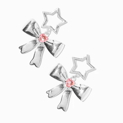 Silver-tone Bow, Pink Heart & Star Drop  Earrings