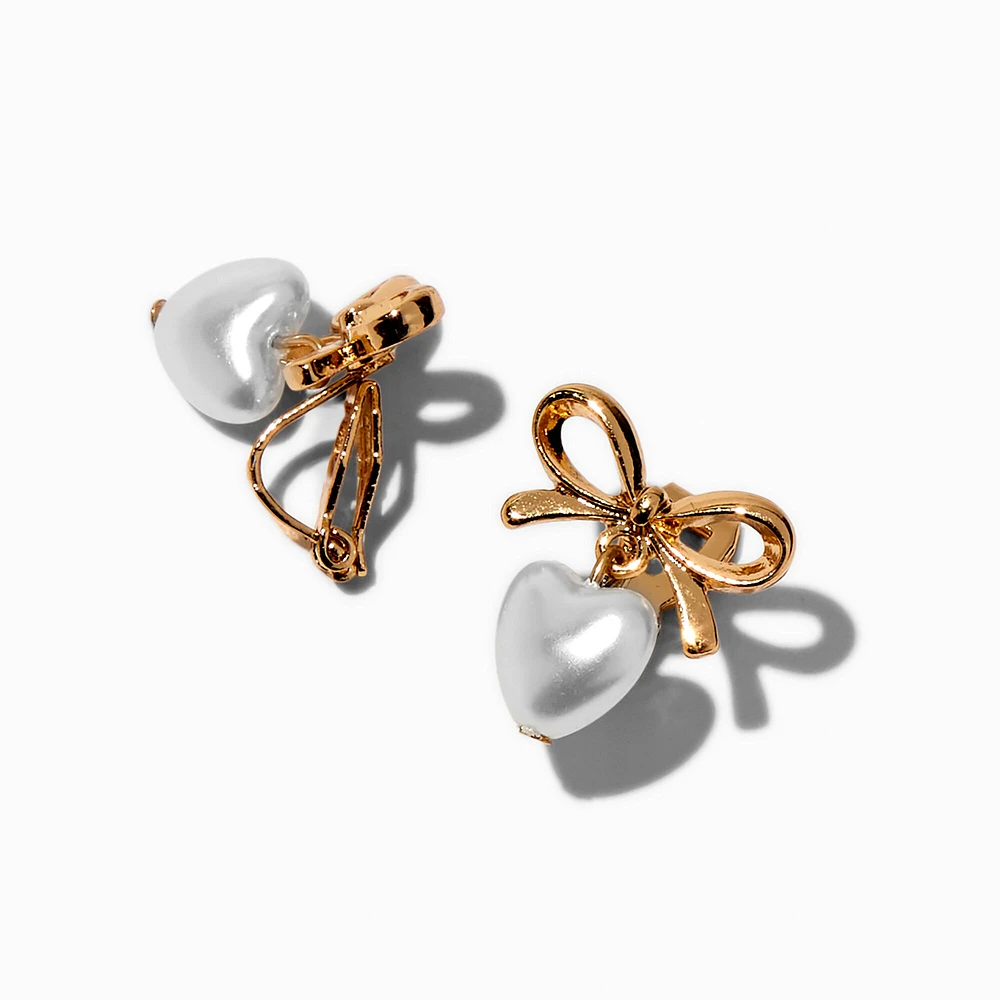 Pearl Heart & Bow Clip-On Drop Earrings