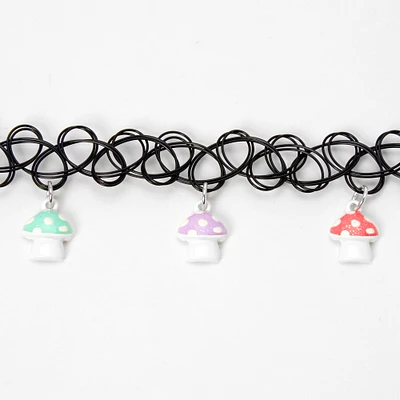 Mushroom Charm Tattoo Choker Necklace - Black