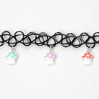 Mushroom Charm Tattoo Choker Necklace - Black