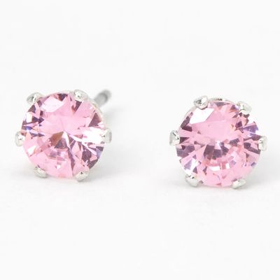 Silver Cubic Zirconia Round Stud Earrings - Pink, 5MM