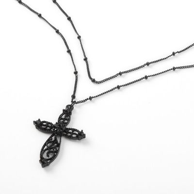 Filigree Cross Multi Strand Necklace - Black