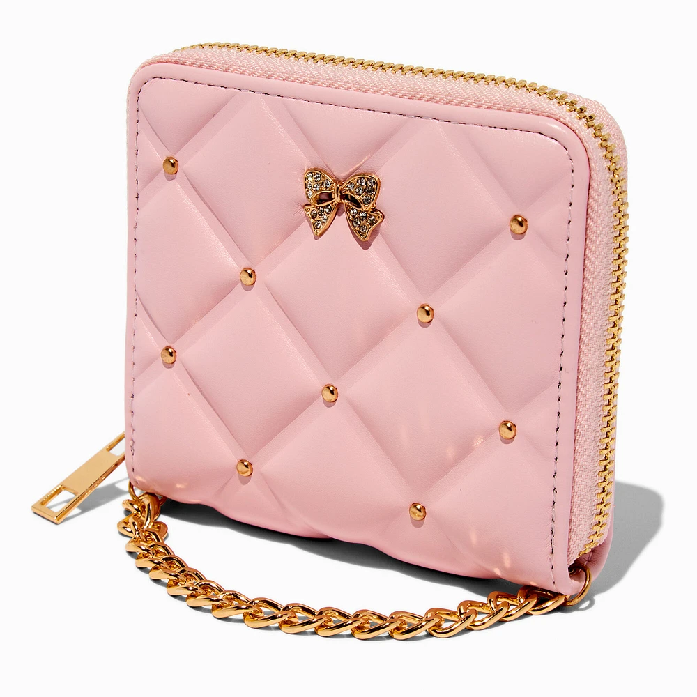 Pink Quilted Puffy Gold-tone Chain Zip Around Wallet