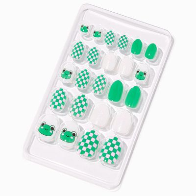 Green Frog Checkered Stiletto Press On Vegan Faux Nail Set - 24 Pack