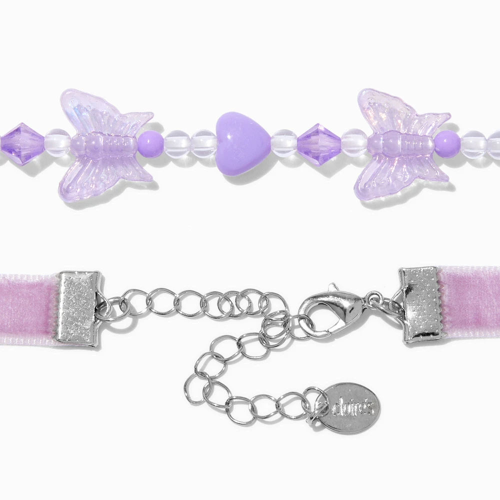 Purple Velvet Butterfly Beaded Choker Necklaces - 2 Pack