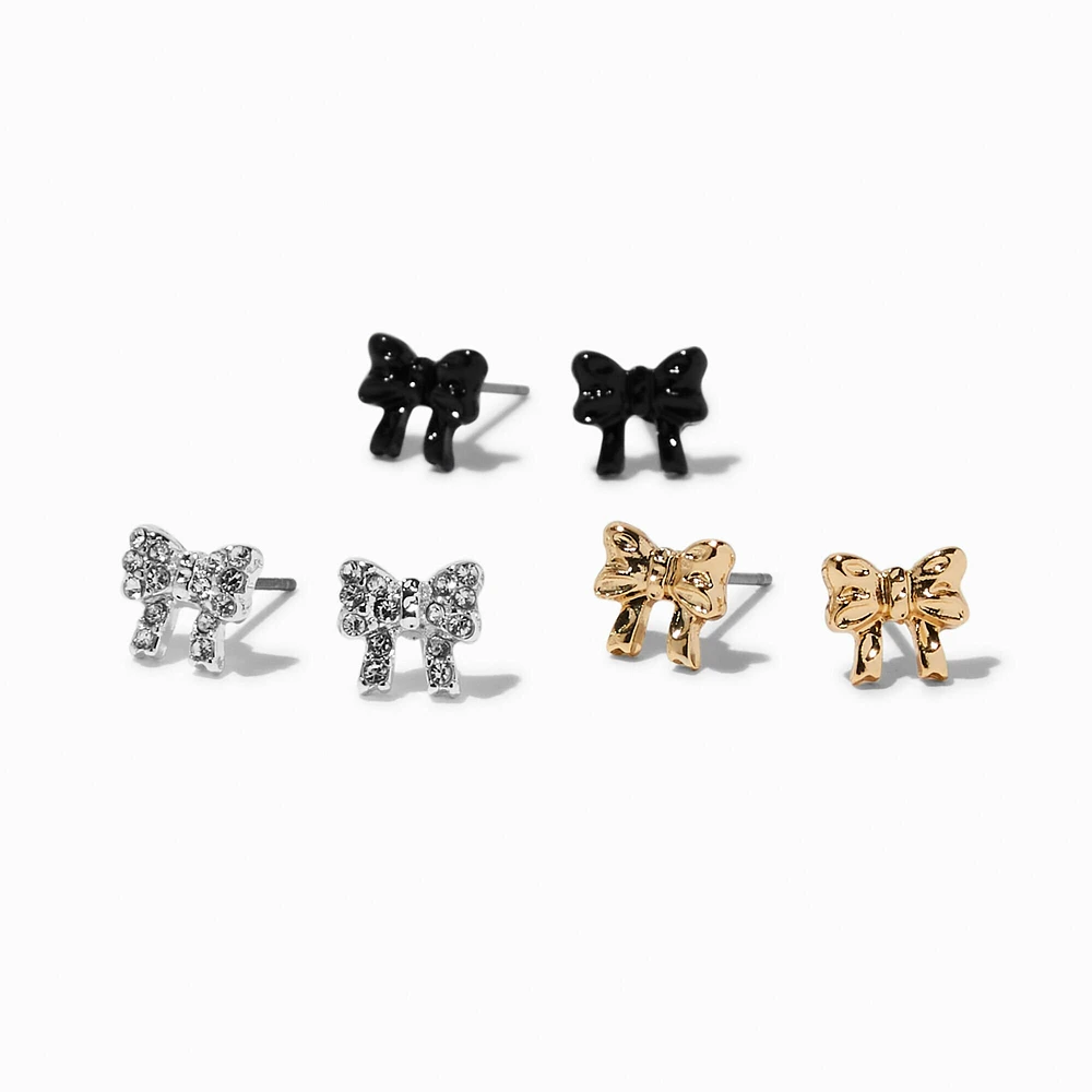 Mixed Metal Bow Stud Earrings - 3 Pack