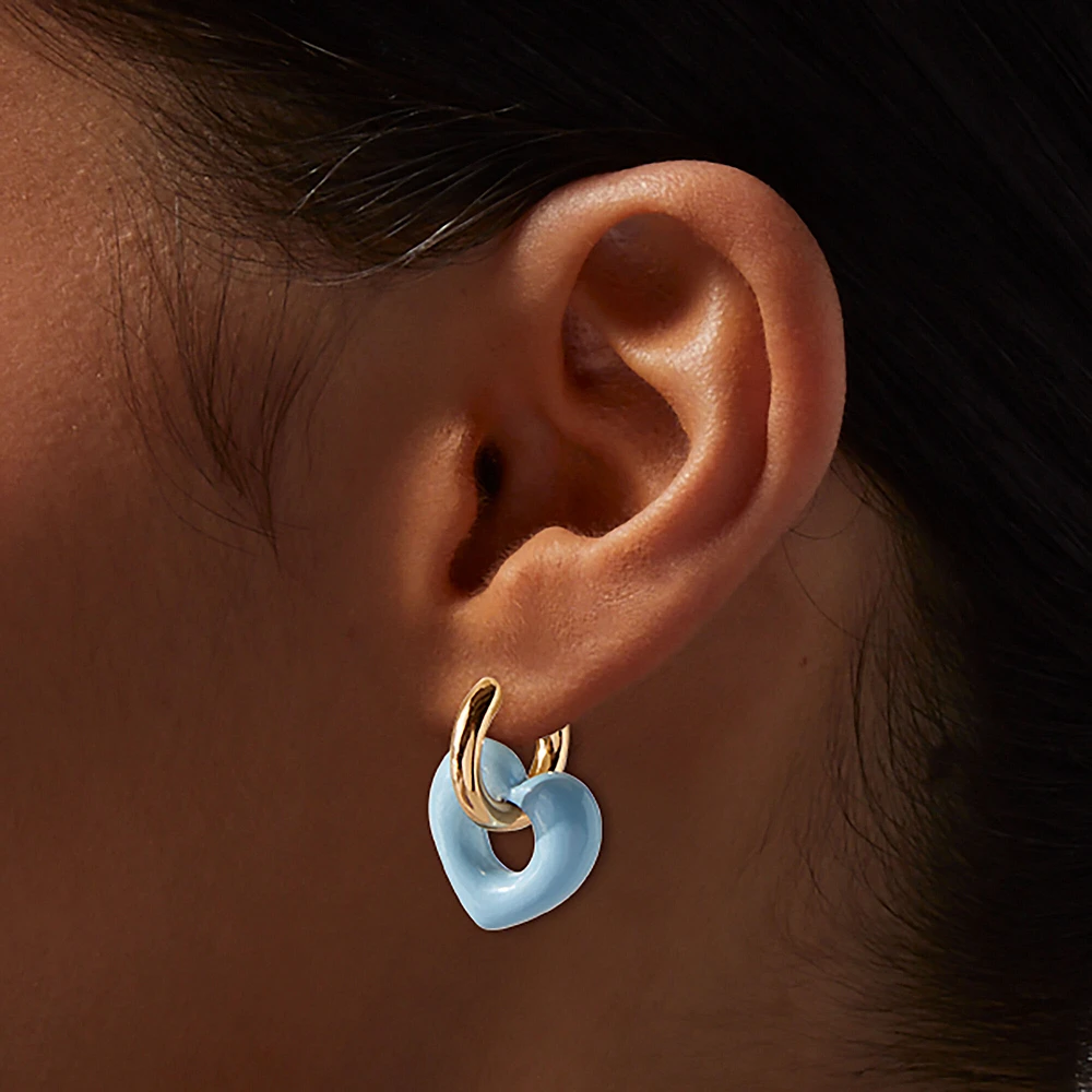 Gold-tone & Light Blue Puffy Heart Hoop Earrings