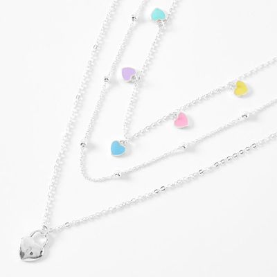 Silver Heart Lock Chain Multi Strand Necklace