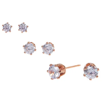Rose Gold Plated Cubic Zirconia Round Stud Earrings - 3MM, 4MM, 5MM