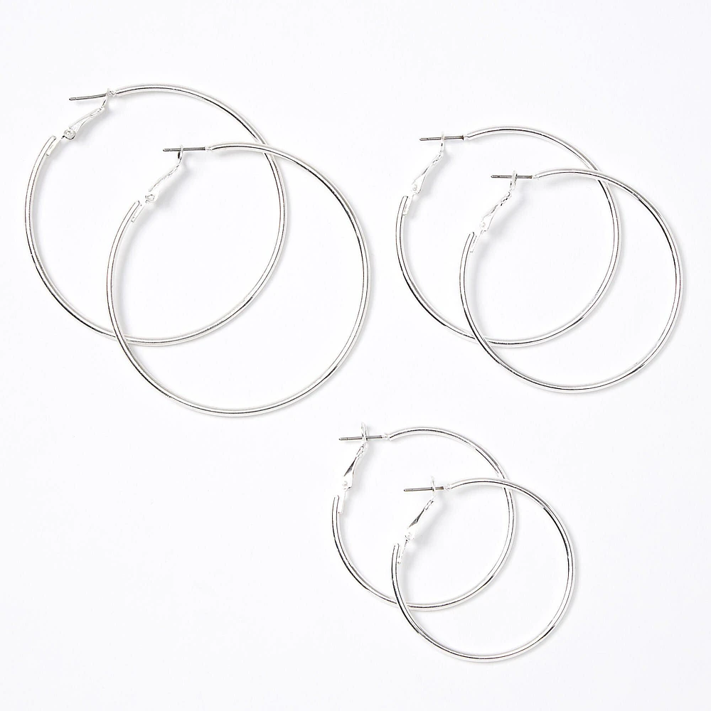 Silver-tone 40mm, 50mm, & 60mm Graduated Hoop Earrings - 3 Pack