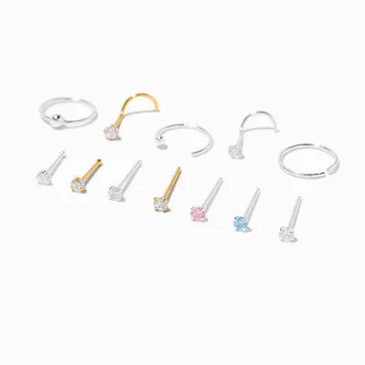 22G Sterling Silver Mixed Nose Studs & Hoop - 12 Pack
