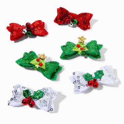 Christmas Glittery Bow Hair Clips - 6 Pack