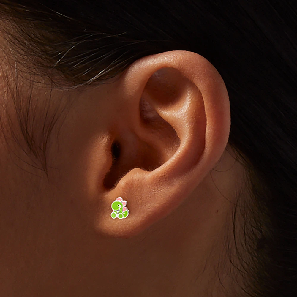 Sterling Silver Green Dinosaur Stud Earrings