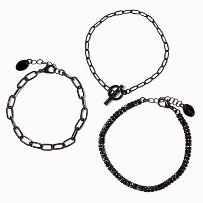 Black Toggle Chainlink & Rhinestone Bracelets - 3 Pack