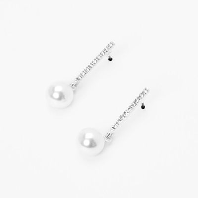 Silver Pearl Crystal 1" Bar Drop Earrings