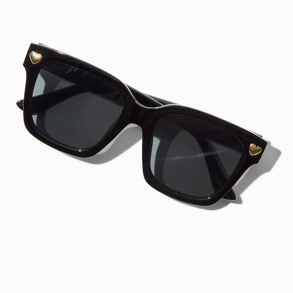 Gold Heart Studded Black Rectangular Sunglasses