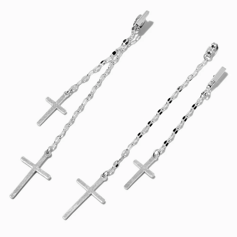 Silver-tone Cross Tinsel Chain Drop Earrings