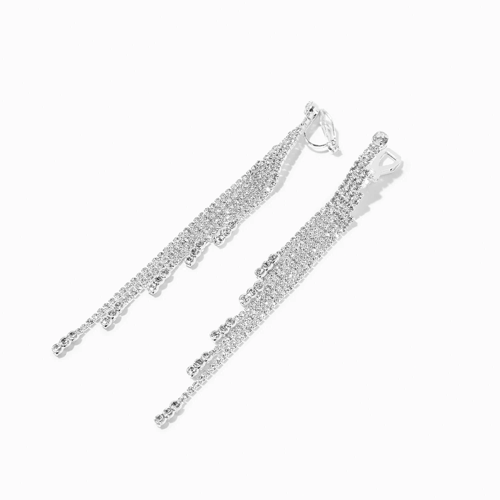 Silver 4" Crystal Fringe Clip-On Drop Earrings