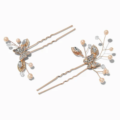 Rose Gold-tone Crystal Butterfly & Pearl Spray Hair Pins - 2 Pack