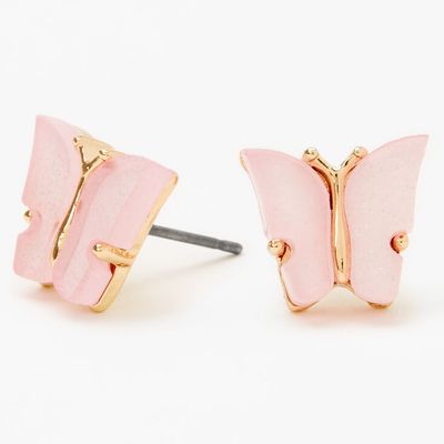 Gold Glitter Butterfly Stud Earrings - Pink