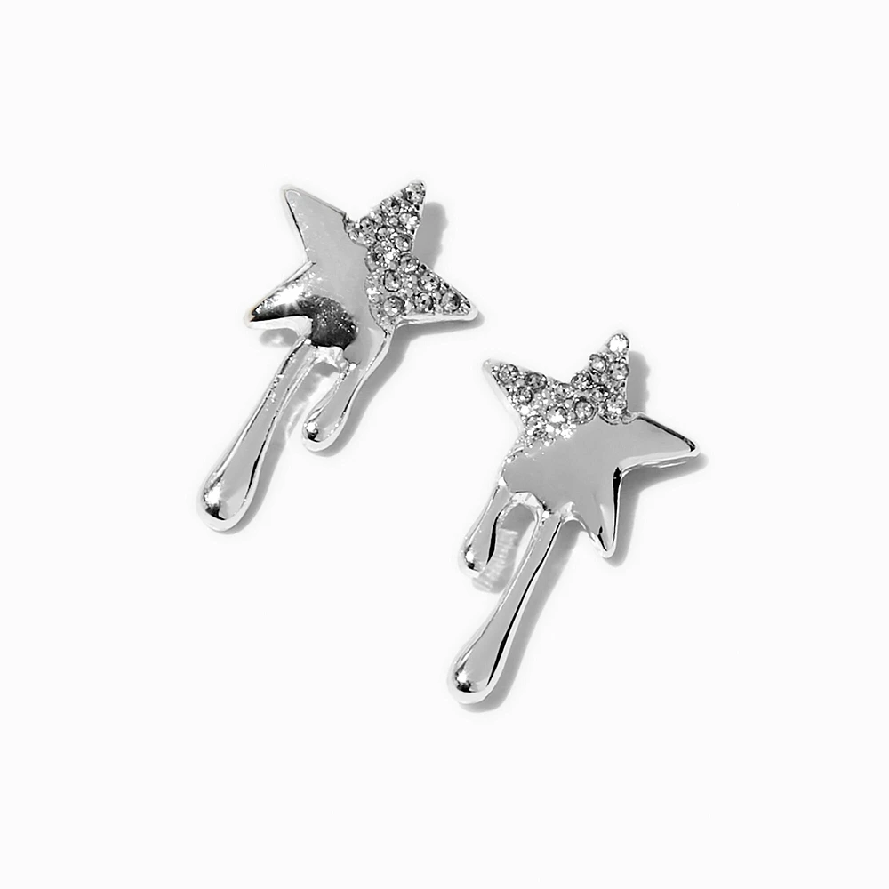 Silver-tone Crystal Dripping Star Stud Earrings