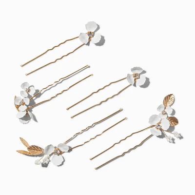 White Flower Gold-tone Hair Pins - 6 Pack