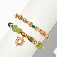 Green Beaded Gold-tone Sunburst Stretch Bracelet Set - 2 Pack