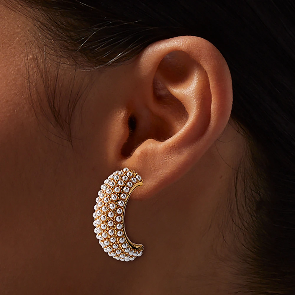 Pearl Beaded Gold-tone Half Hoop Earrings