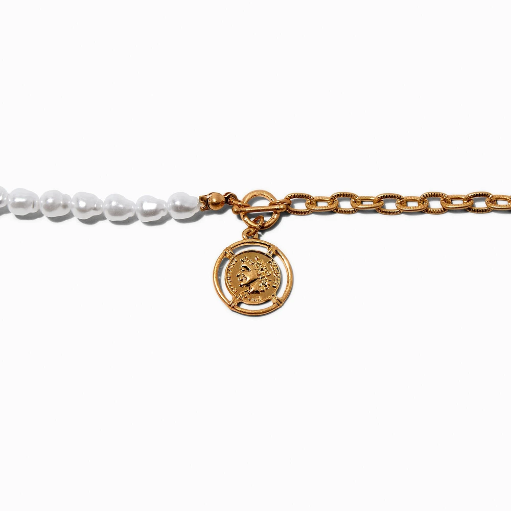 Antiqued Coin Mixed Pearl Chain Bracelet