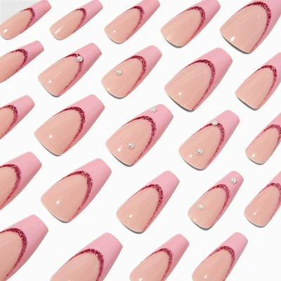 Pink Pearl Tips French Squareletto Vegan Faux Nail Set - 24 Pack