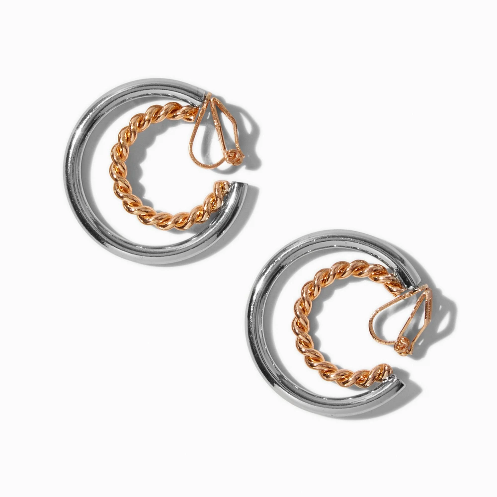 Mixed Metal 15MM Double Clip-On Hoop Earrings